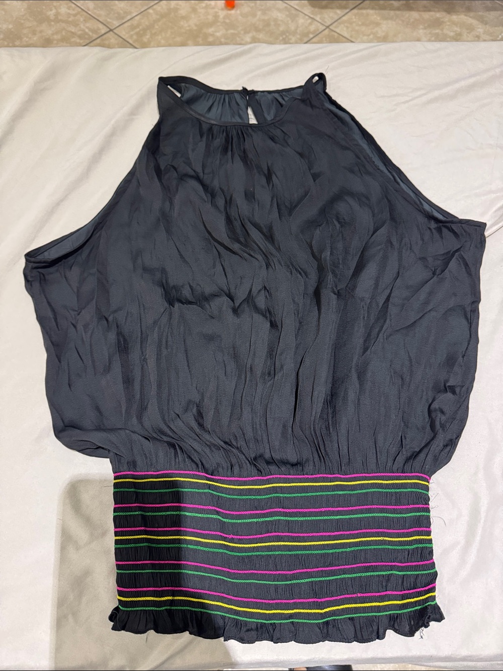 DO+BE Black One-Shoulder Top with Multicolor Striped Waistband